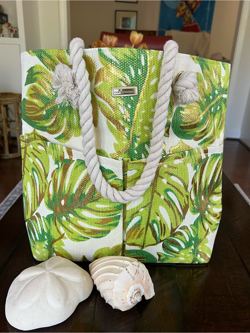 Caribbean Joe Tropical Monstera Tote Bag Rope Handles Gold Leaf Beach Resort